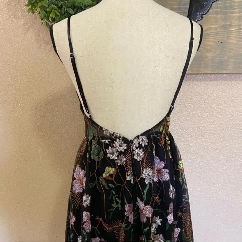 NWOT Lulus Radiant Fantasy Black Floral Embroidered Tulle Maxi Dress
